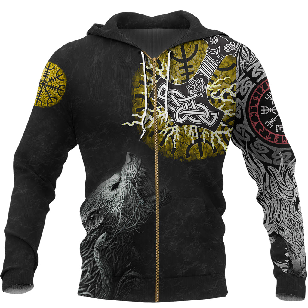 Viking Zip Hoodie - Fenrir Fight Mjolnir Of Thor On Helm Of Awe RLT12