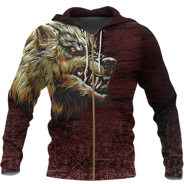 Viking Zip Hoodie - Fenrir On The Blood Moon Background RLT12