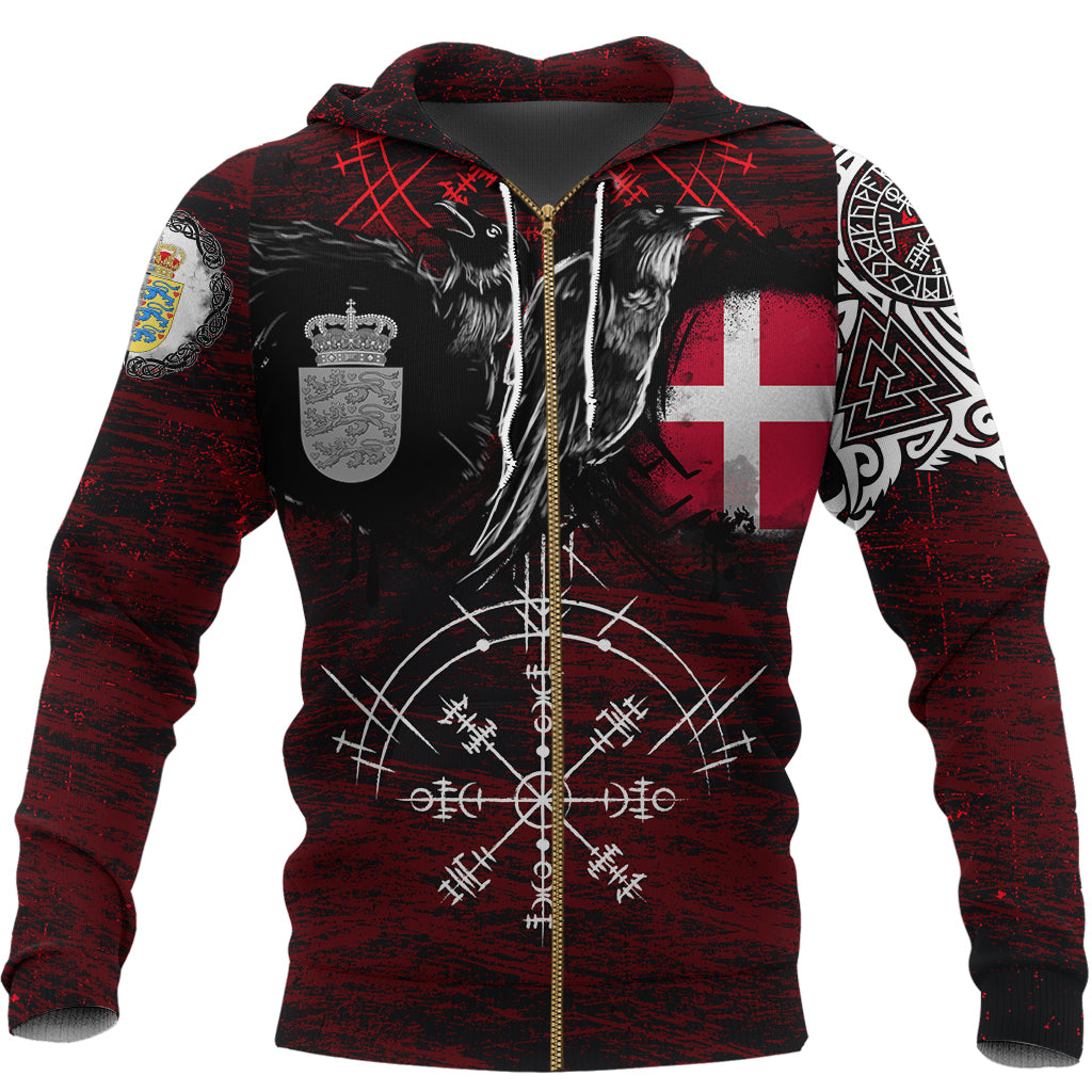 Viking Zip Hoodie - Denmark Raven Of Odin and Symbol Viking On Blood Background RLT12