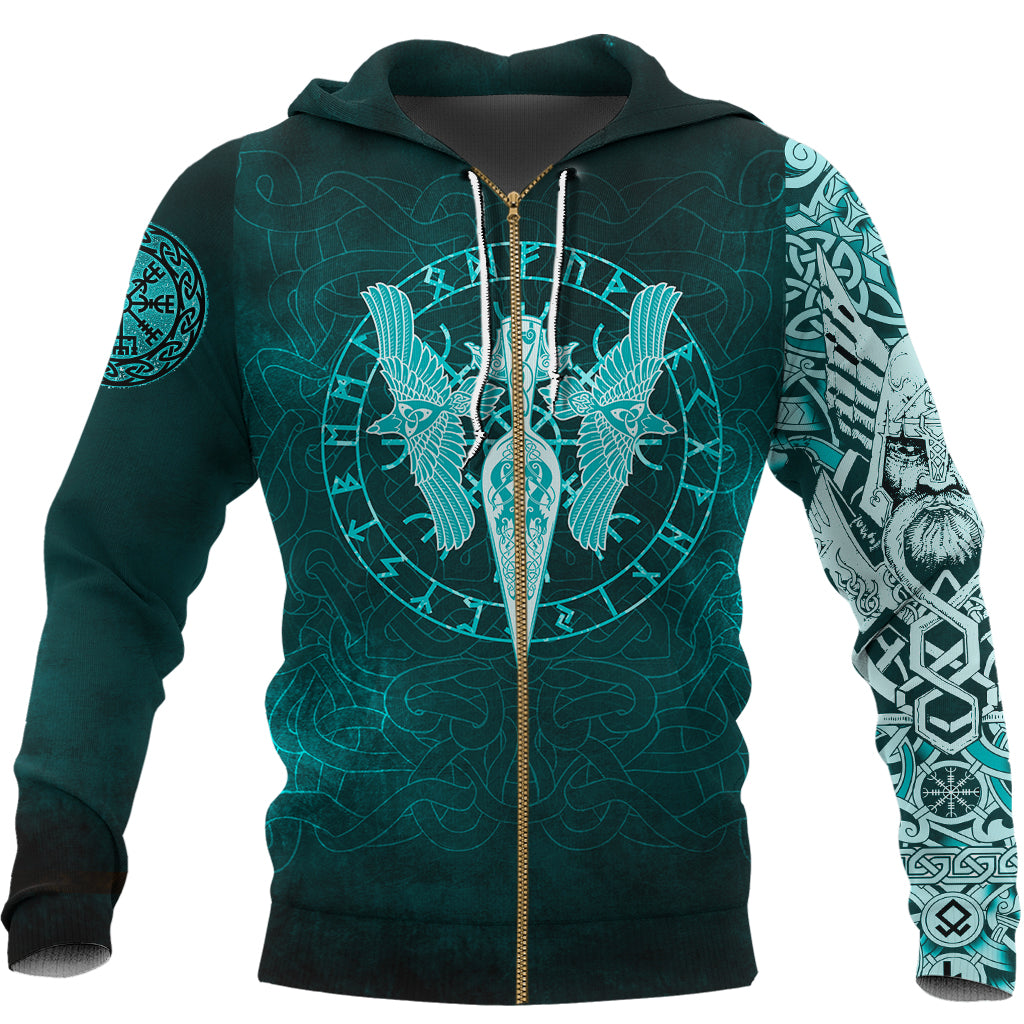 Viking Zip Hoodie - Cyan Spear Of The God Odin - Gungnir and Two Cyan Ravens Style RLT12