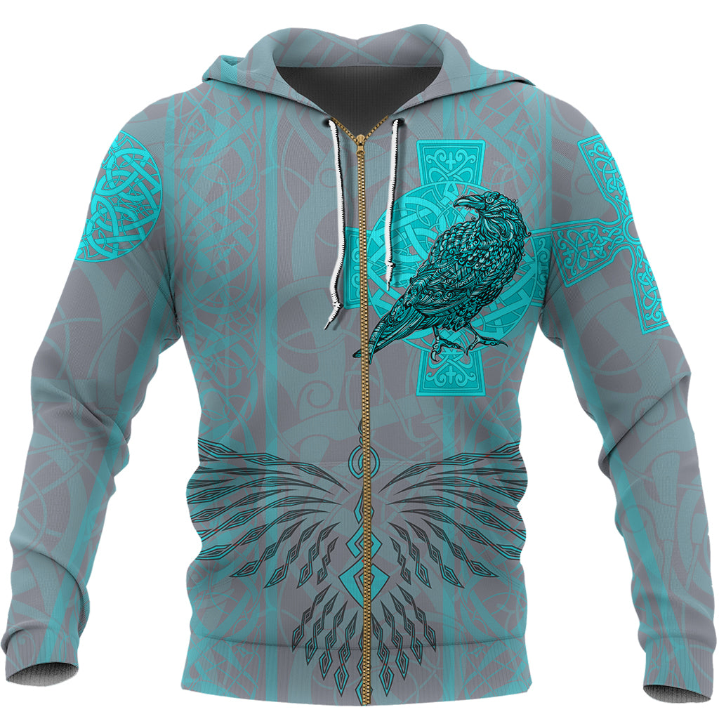 Viking Zip Hoodie Odins Celtic Raven - Scandinavian Tattoo Style Cyan RLT12