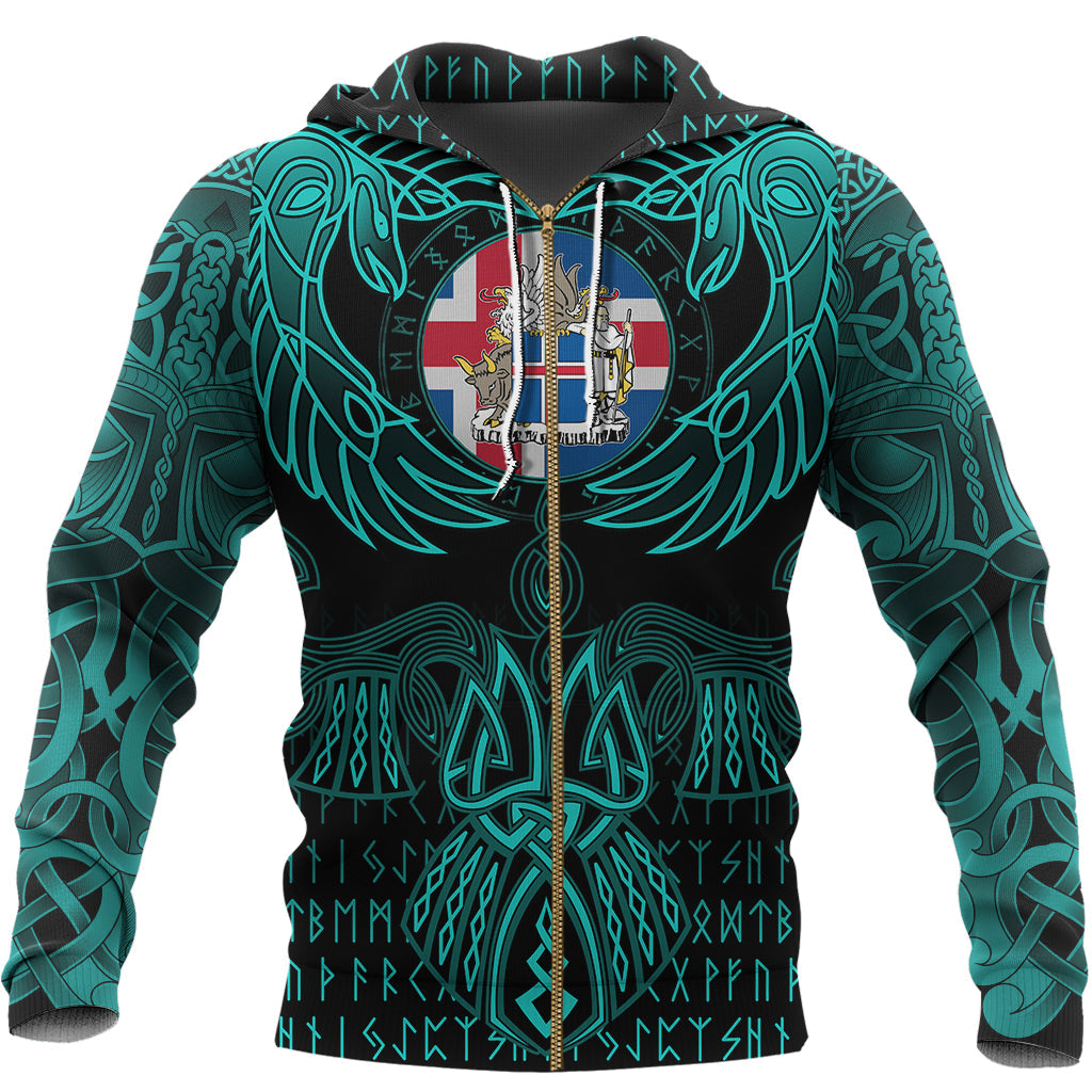 Viking Iceland Zip Hoodie Valknut of Odin Cyan RLT12