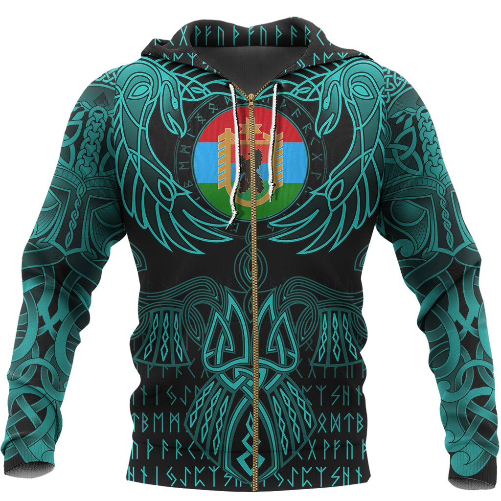Viking Karelia Zip Hoodie Valknut of Odin Cyan RLT12